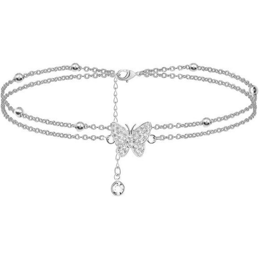Silver butterfly anklet for women girls layered adjustable summer jewelry gift